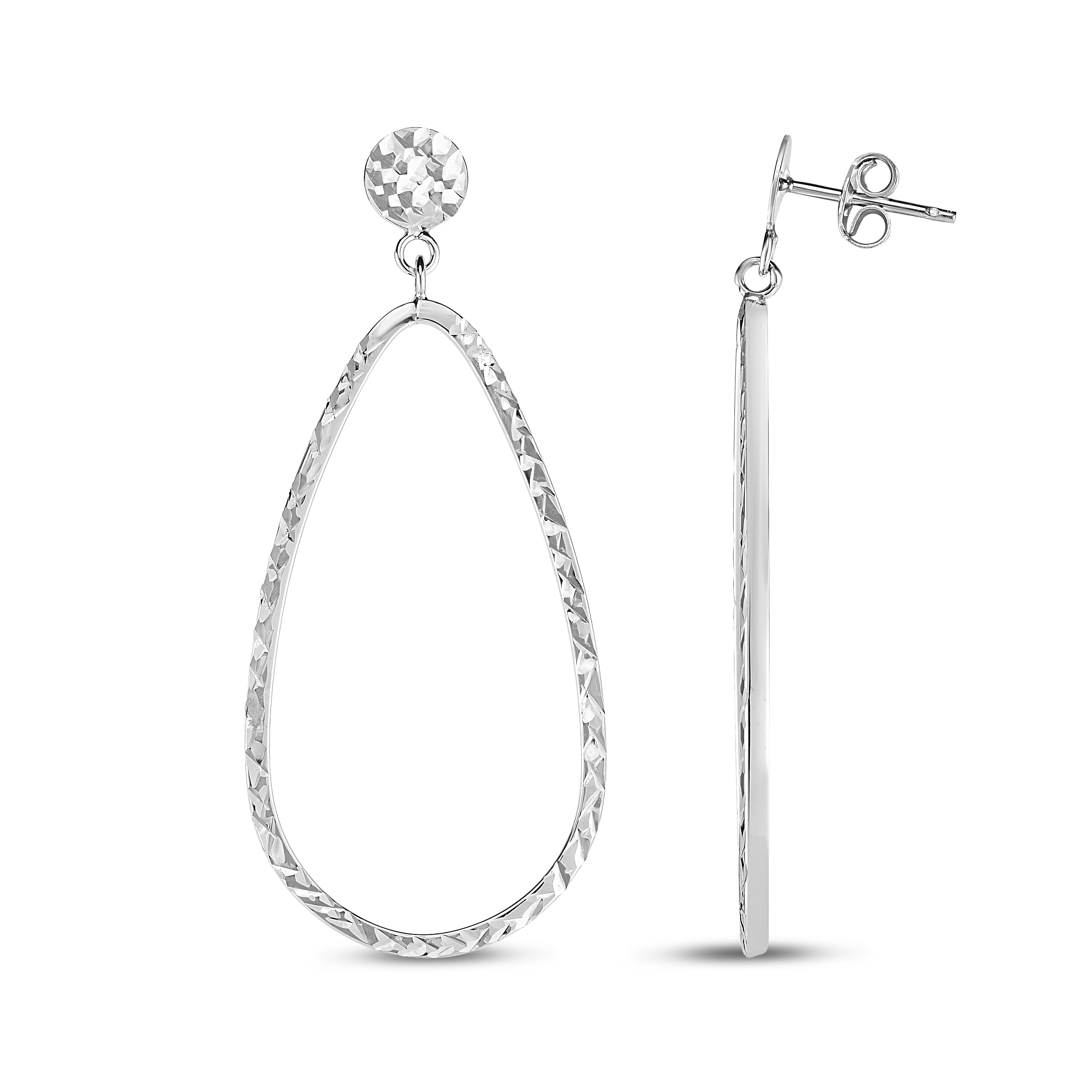 14K White Gold Diamond Cut Tear Drop Earring