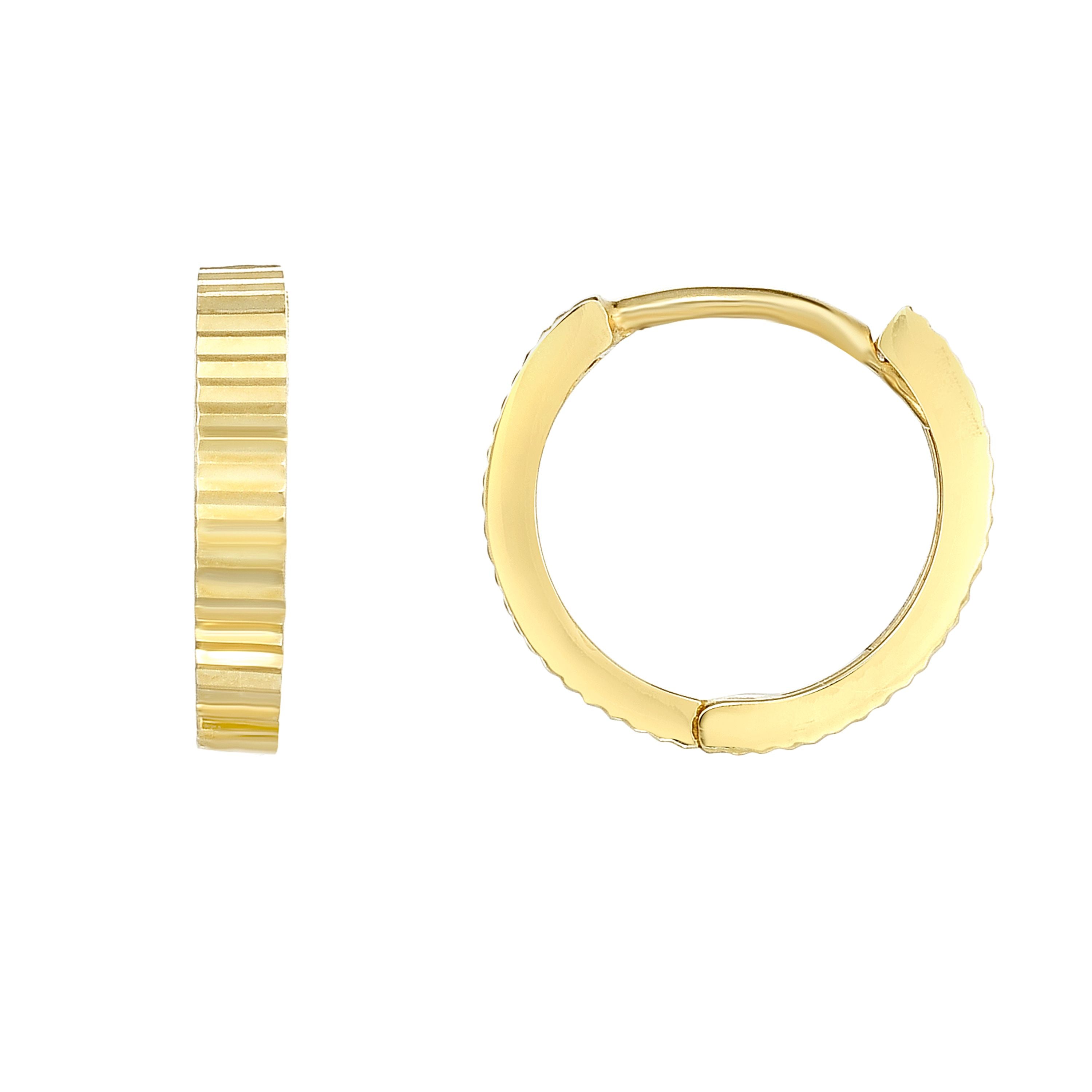 14K Yellow Gold Linear Diamond Cut Huggie Earring