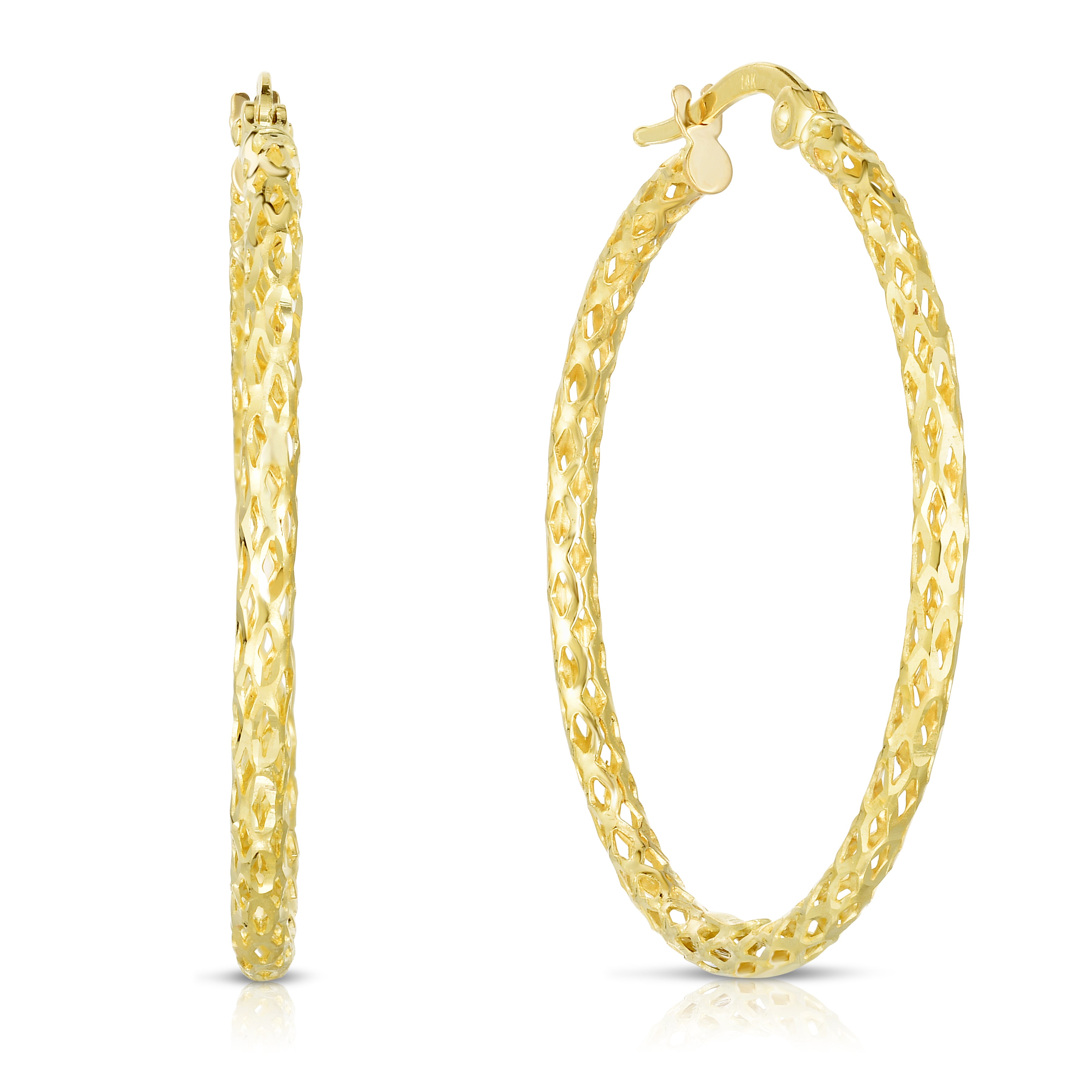 14K Yellow Gold 1.5X30Mm Diamond Cut Hoop Earring