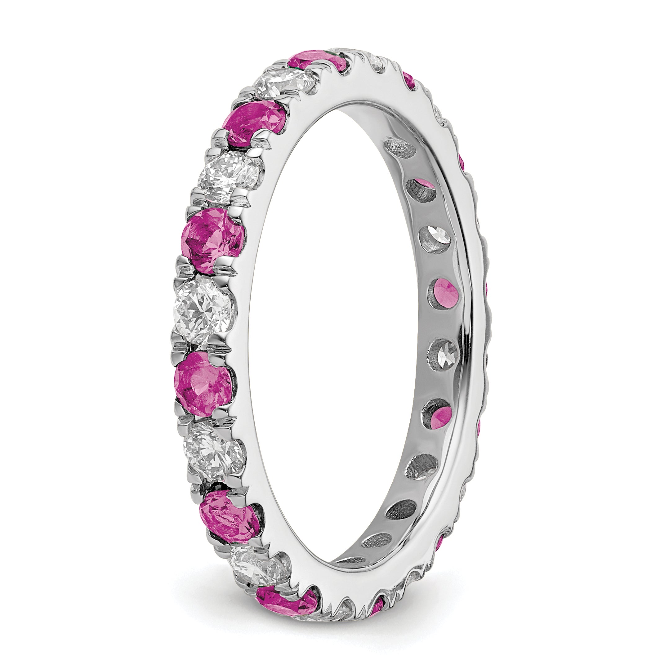 14k White Gold 7/8 carat Lab Grown Diamond VS/SI+ G+ and Lab Created Pink Sapphire Size 8 Eternity Band