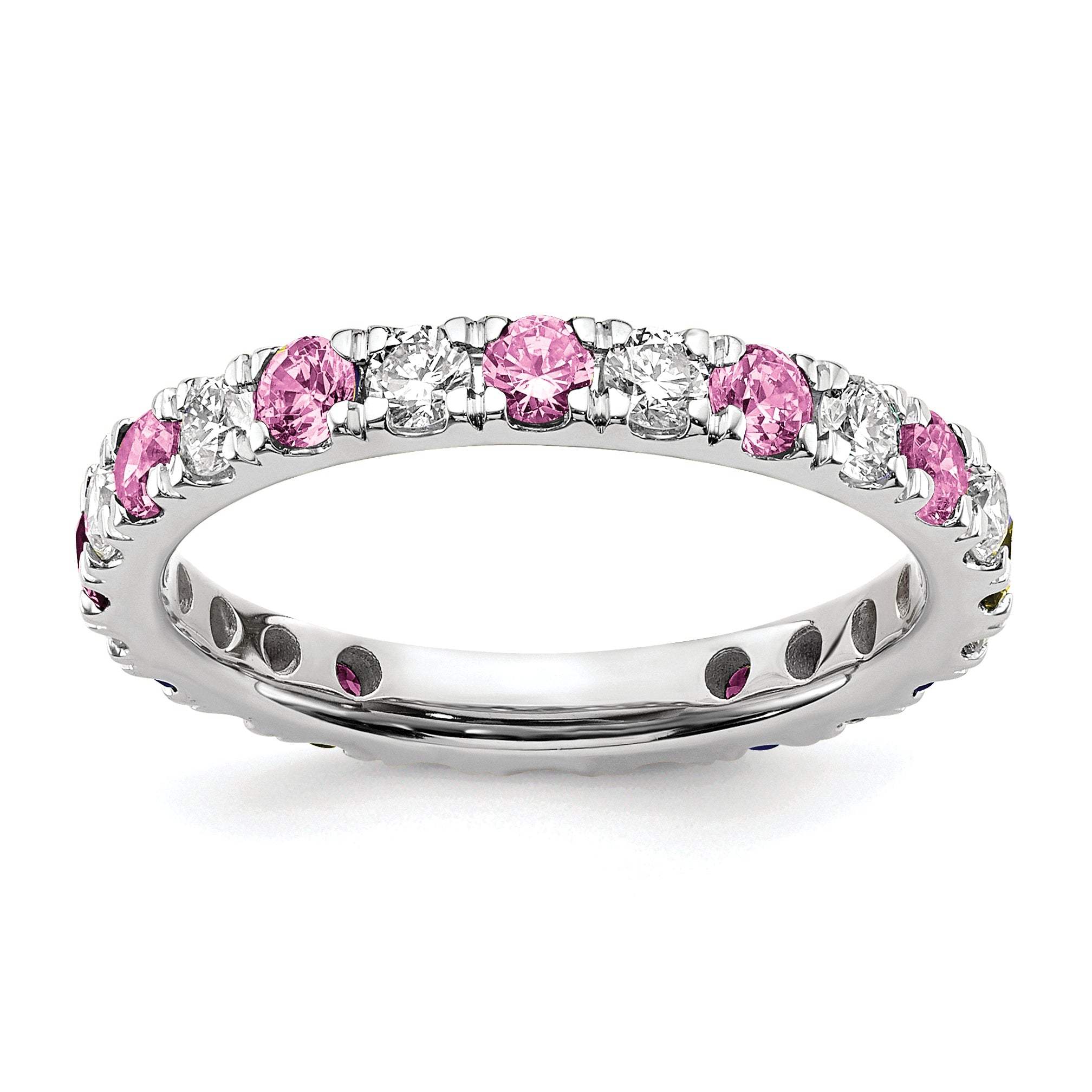 14k White Gold 7/8 carat Lab Grown Diamond VS/SI+ G+ and Lab Created Pink Sapphire Size 8 Eternity Band
