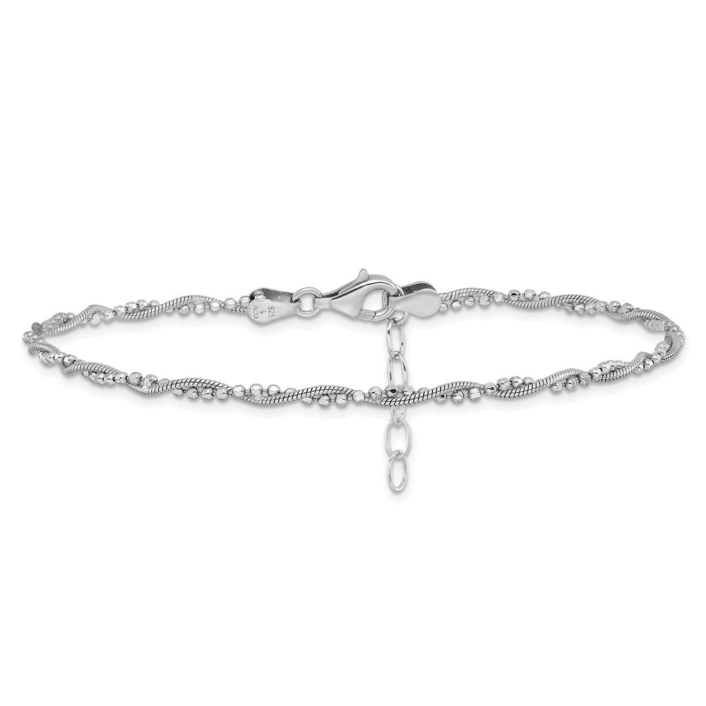 Sterling Silver Rhodium-plated Twisted Bead 9in + 1in ext. Anklet
