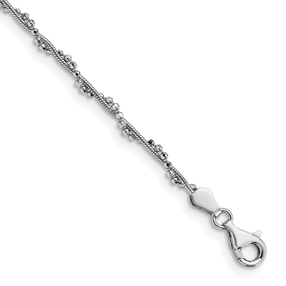 Sterling Silver Rhodium-plated Twisted Bead 9in + 1in ext. Anklet