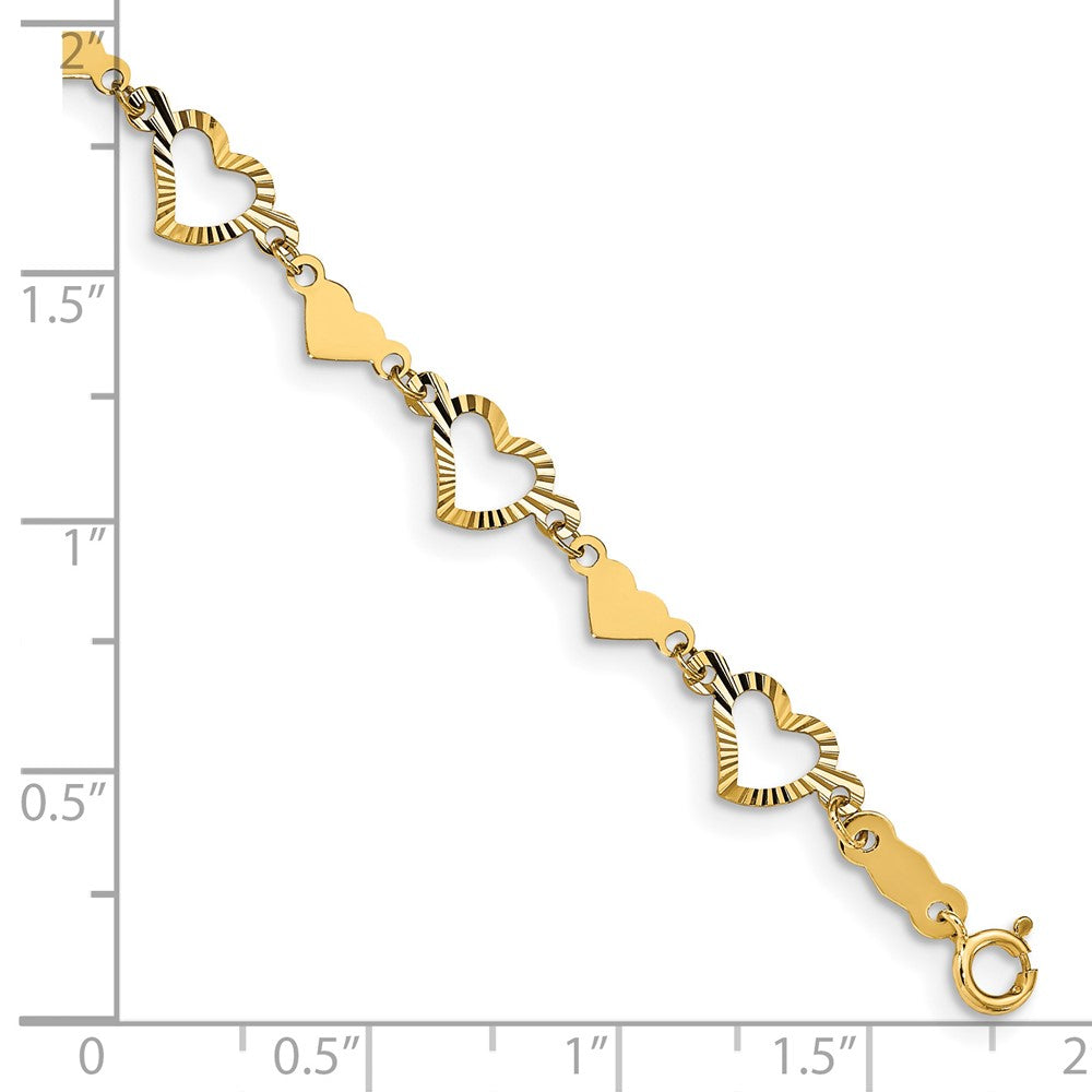 14k Polished Diamond-cut Open & Stamp Heart Bracelet