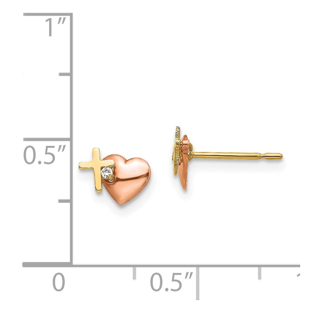 14k Yellow & Rose Gold Madi K CZ Heart and Cross Post Earrings