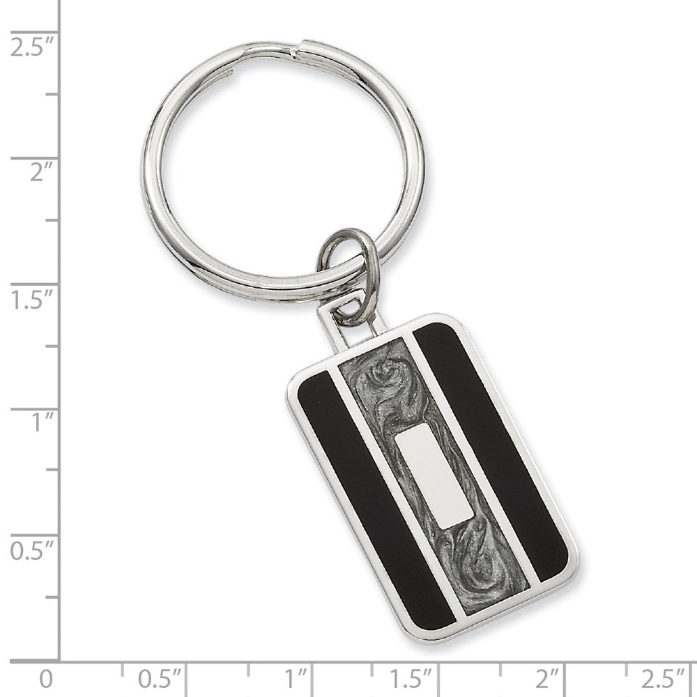 Rhodium-plated Kelly Waters Black and Grey Epoxy Key Ring with Engravable Area