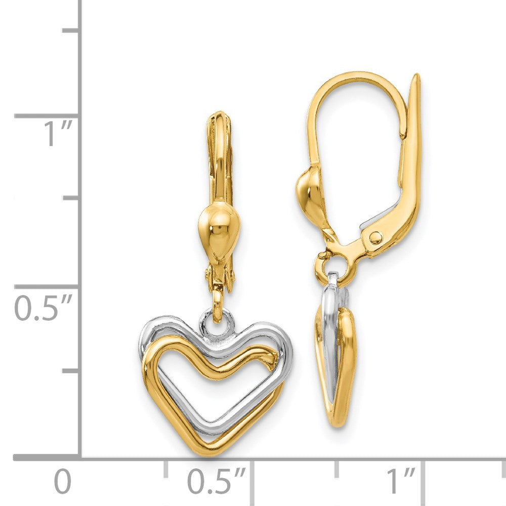 14k Two-tone Heart Leverback Dangle Earrings