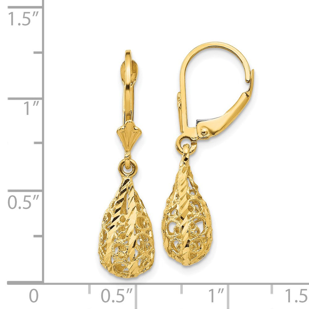 14k Polished Diamond-Cut Filigree Dangle Leverback Earrings