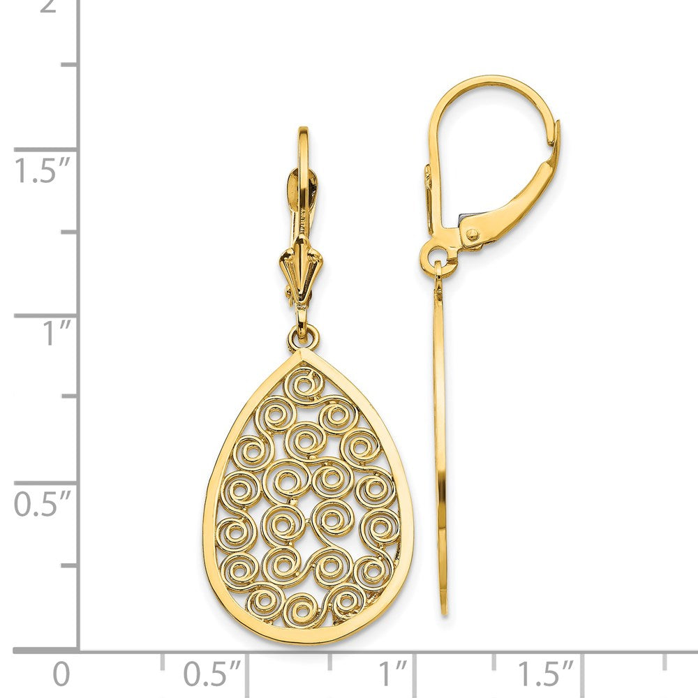 14k Teardrop Filigree Dangle Leverback Earrings
