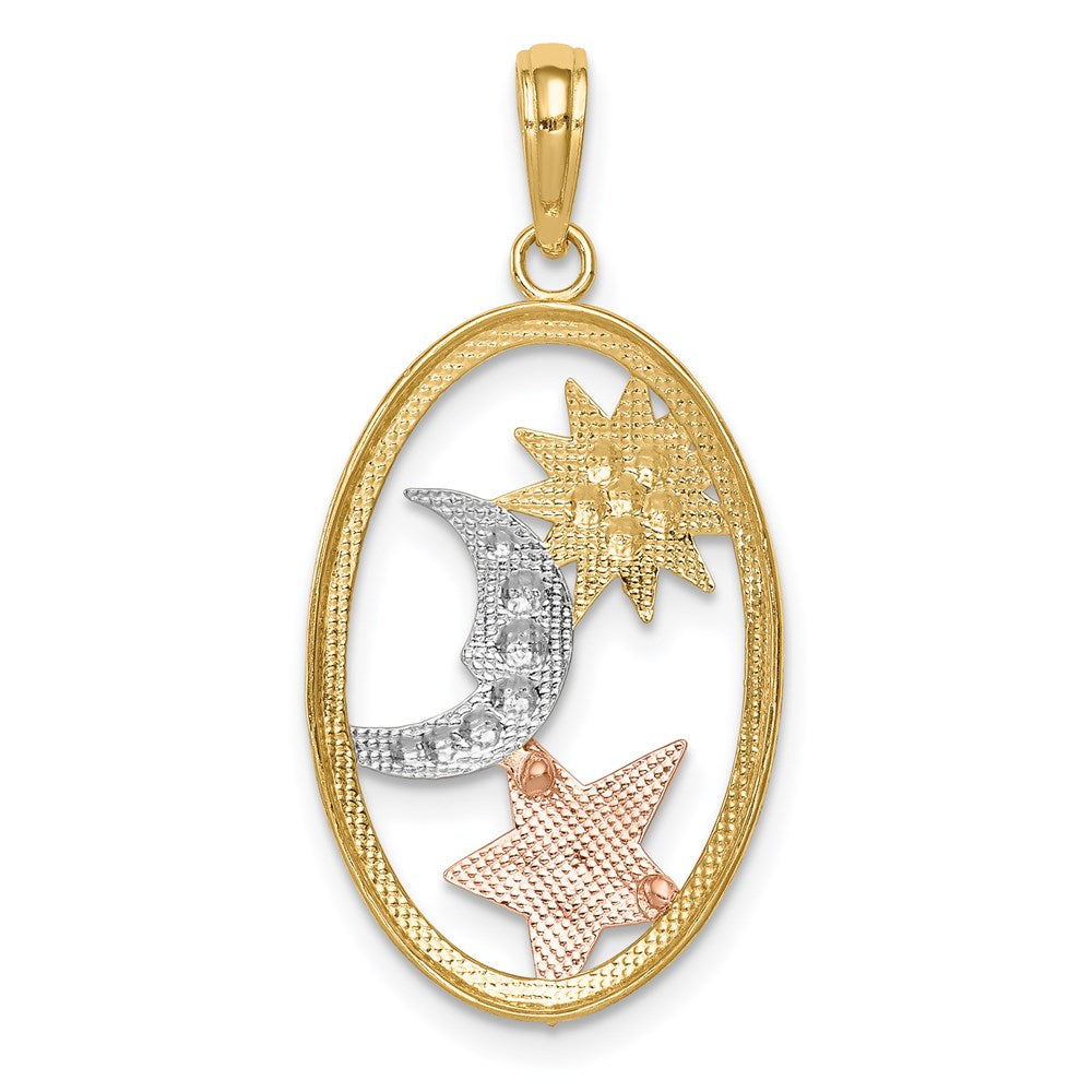 14k Two-tone w/White Rhodium Sun, Moon and Star Oval Pendant