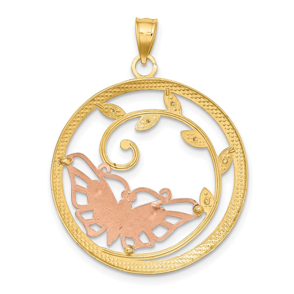 14k Two-tone w/White Rhodium Butterfly in Circle Pendant
