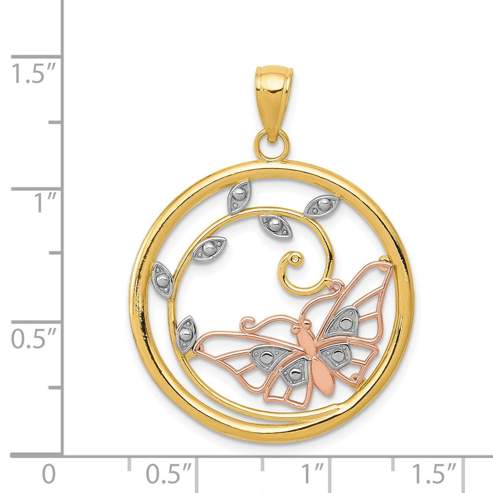 14k Two-tone w/White Rhodium Butterfly in Circle Pendant