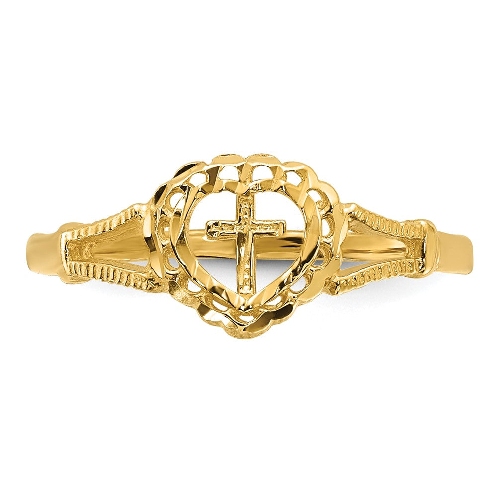 14K Diamond-Cut Childs Heart & Cross Ring