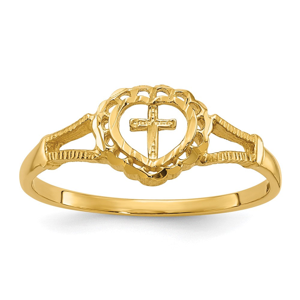 14K Diamond-Cut Childs Heart & Cross Ring