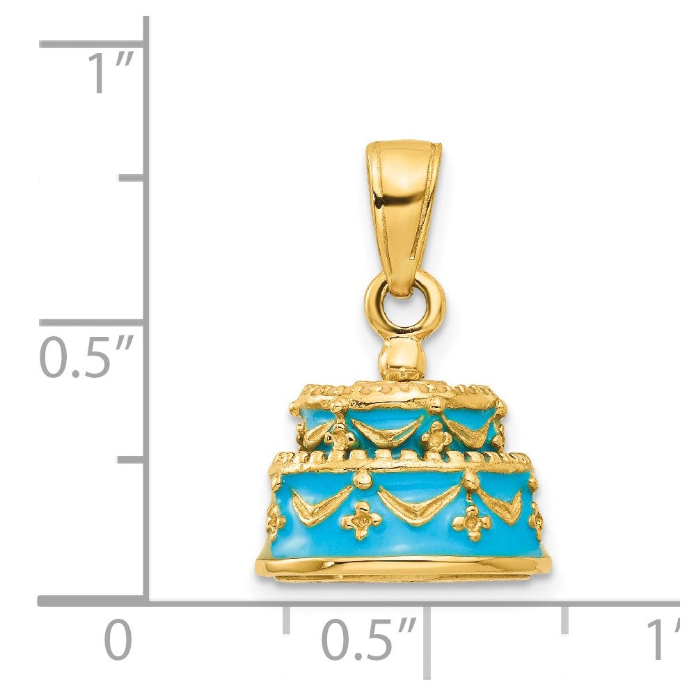 14K 3-D Aqua Blue Enameled HAPPY BIRTHDAY Cake Pendant