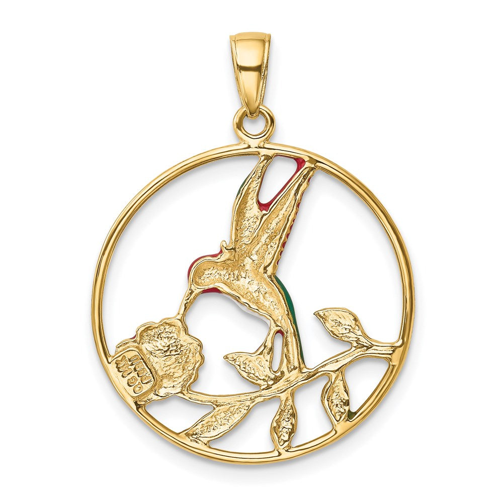 14K Enameled Hummingbird and Flower in Circle Pendant