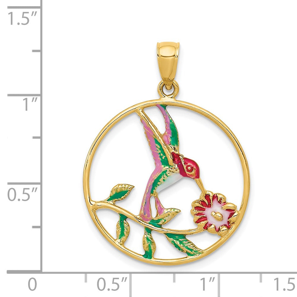 14K Enameled Hummingbird and Flower in Circle Pendant