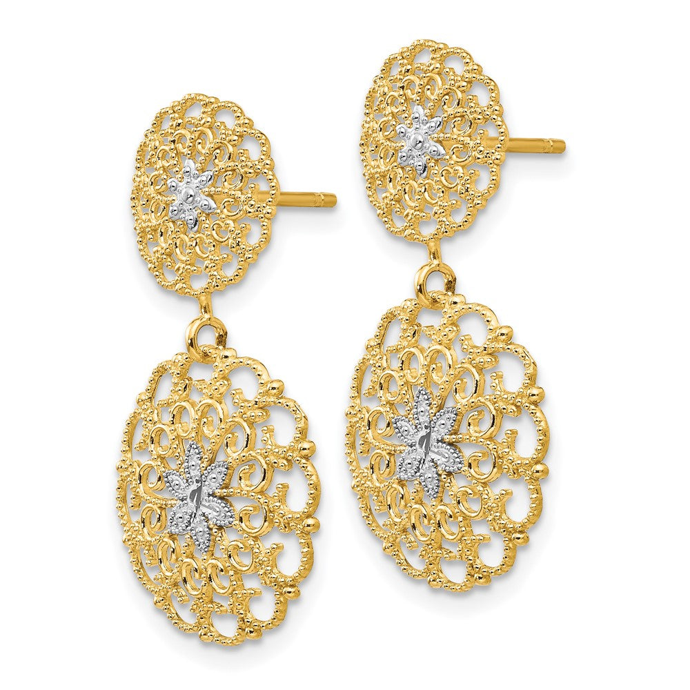 14K w/Rhodium D/C Filigree Medallion Drop Post Earrings