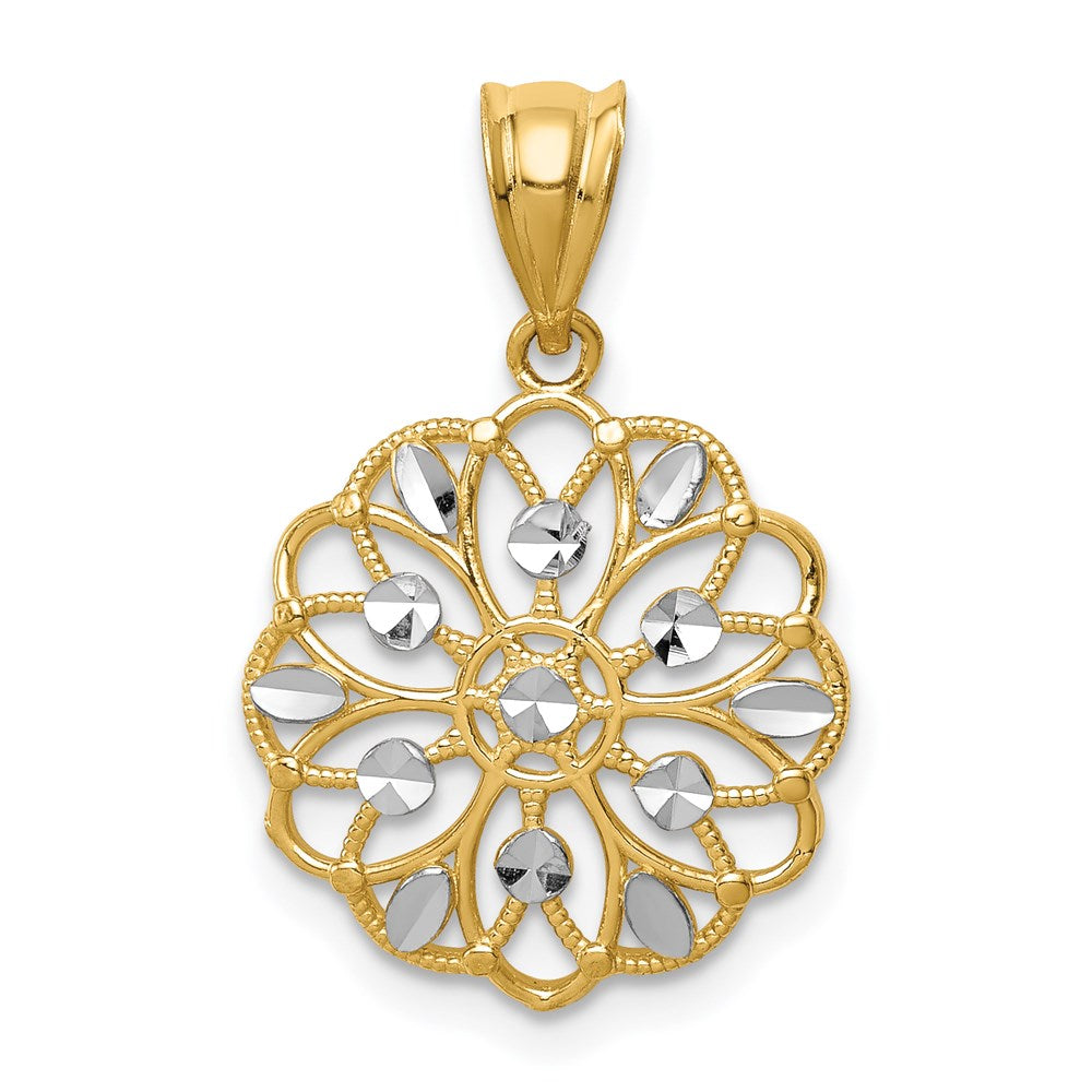 14K w/Rhodium Diamond-Cut Round Pendant