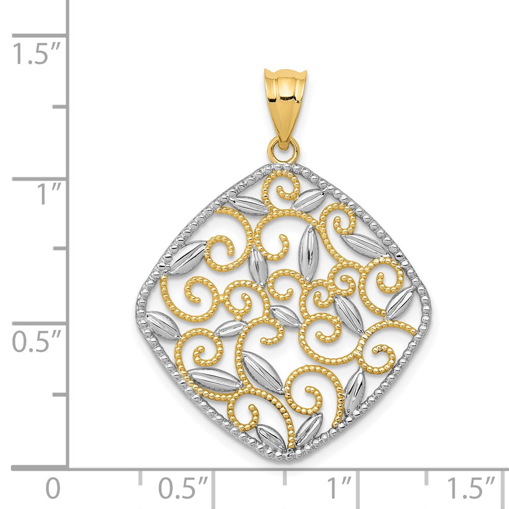 14K w/Rhodium Diamond-Cut Filigree Swirl Pendant