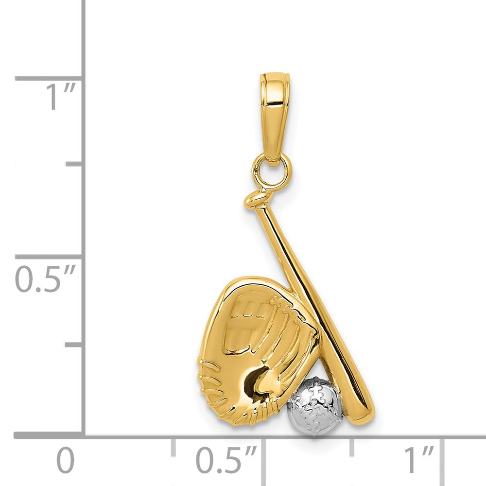 14K w/Rhodium Baseball, Bat, and Glove Pendant
