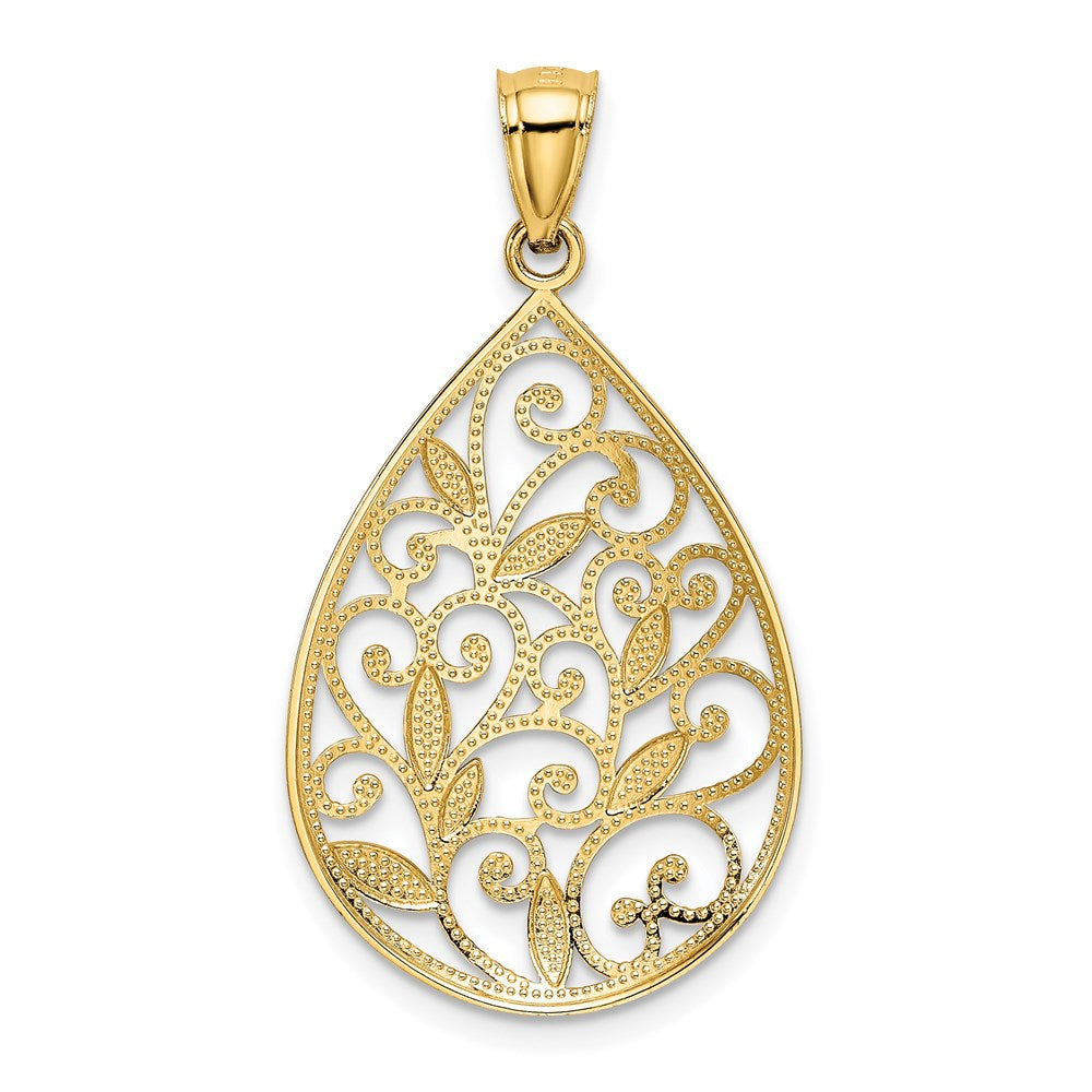 14K Gold Polished / Textured Filigree Teardrop Pendant