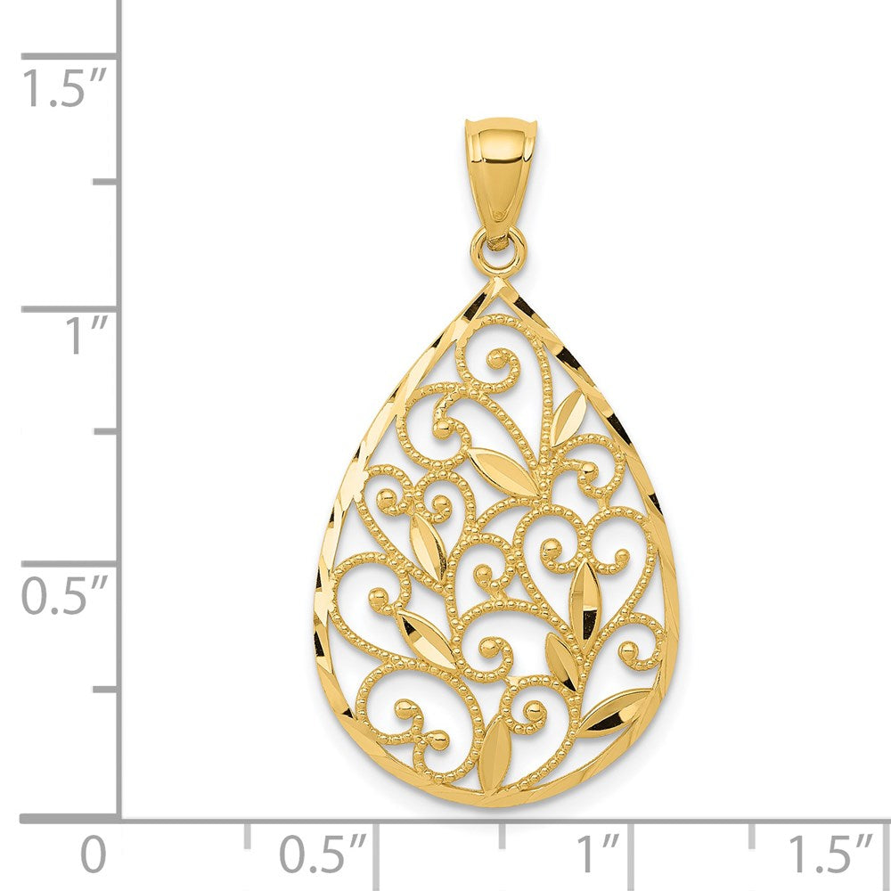 14K Gold Polished / Textured Filigree Teardrop Pendant