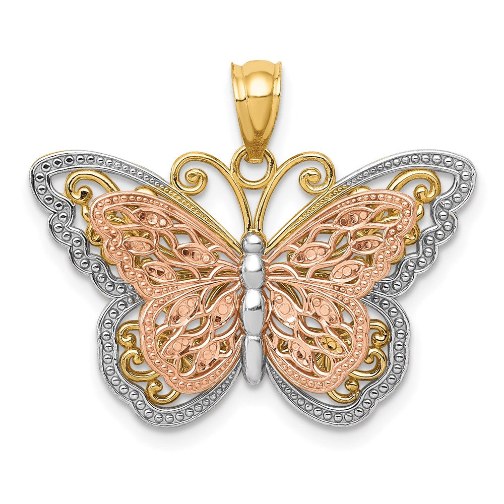 14k Two-tone w/White Rhodium Cut-out 2-level Butterfly Pendant