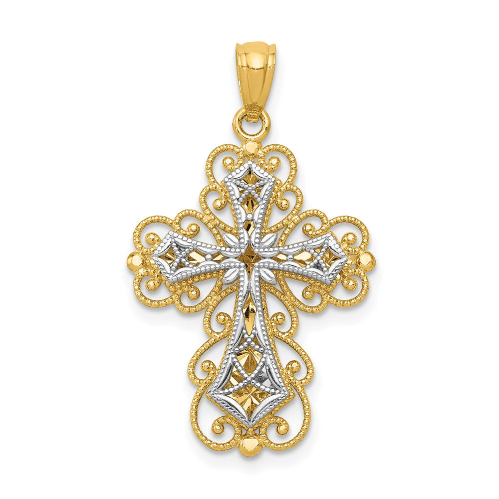 14K Two-tone Gold Polished 2 Level Filigree Cross Pendant