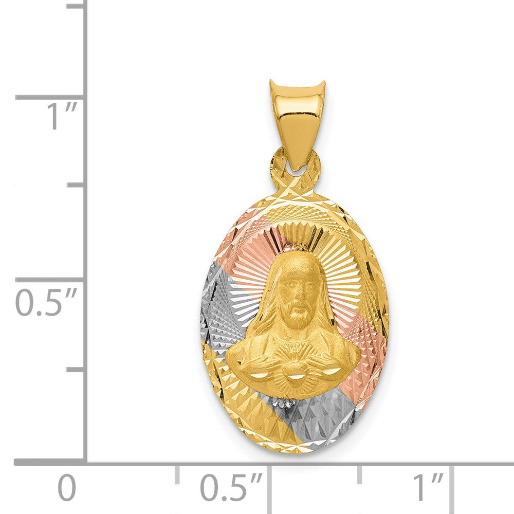14K w/Rose and White Rhodium D/C Sagrado Corazon Oval Pendant