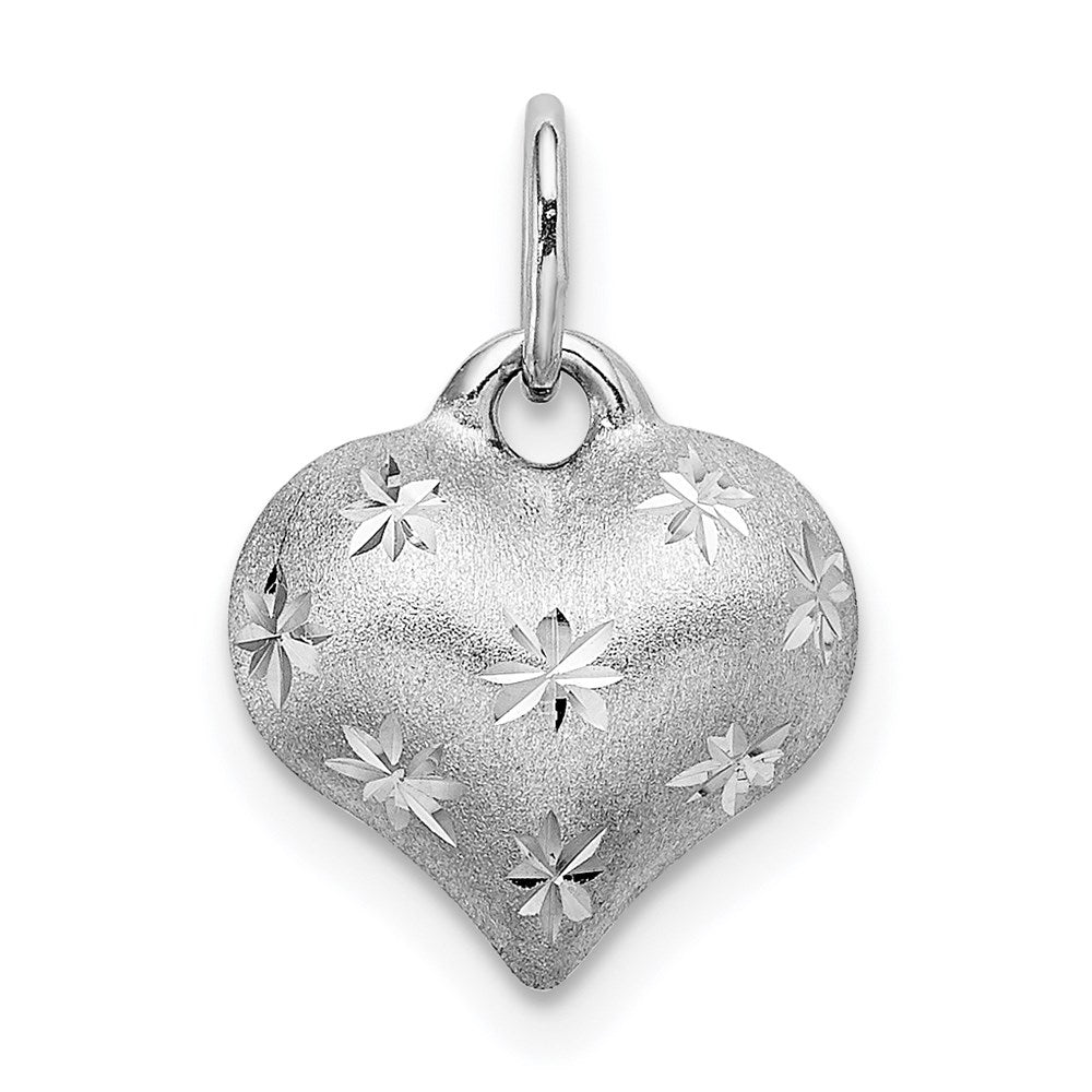 14k White Gold Satin Diamond-cut 3D Puffed Heart Pendant