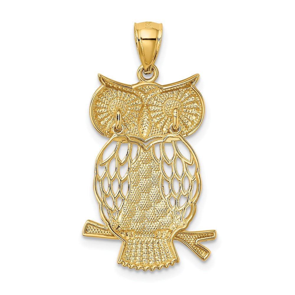 14k w/ Rhodium Diamond-cut Polished Moveable Owl Pendant