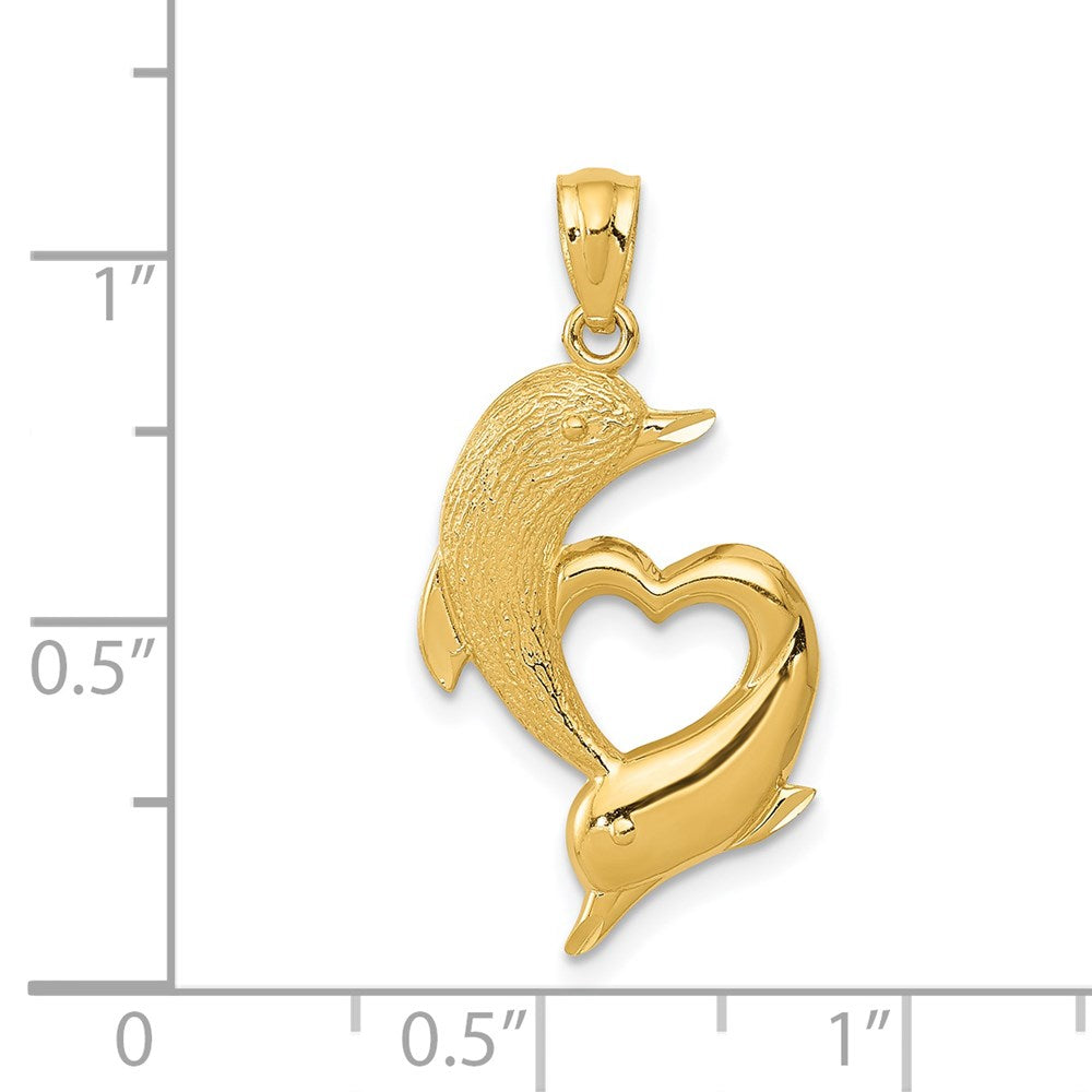 14K D/C Satin and Polished Dolphins Heart Pendant