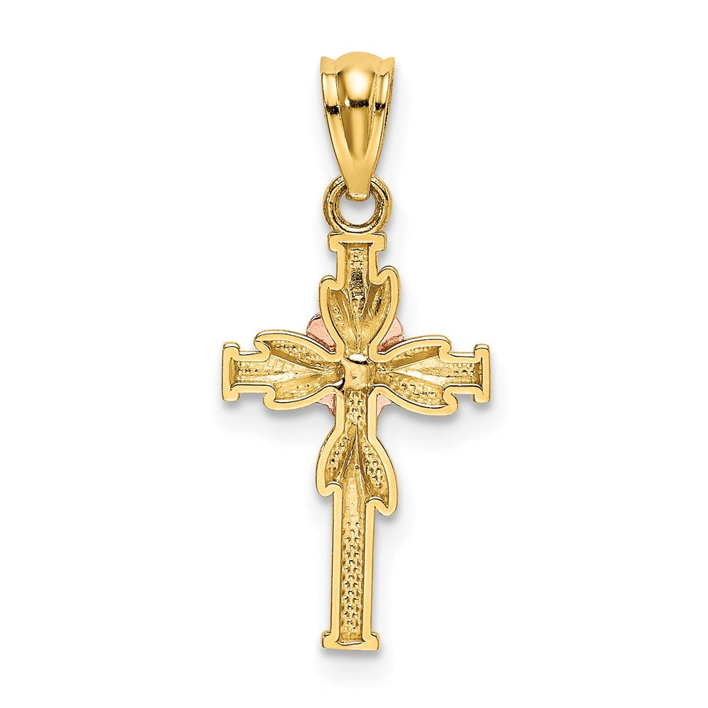 14K Two-tone Polished D/C Cross w/Flower Pendant