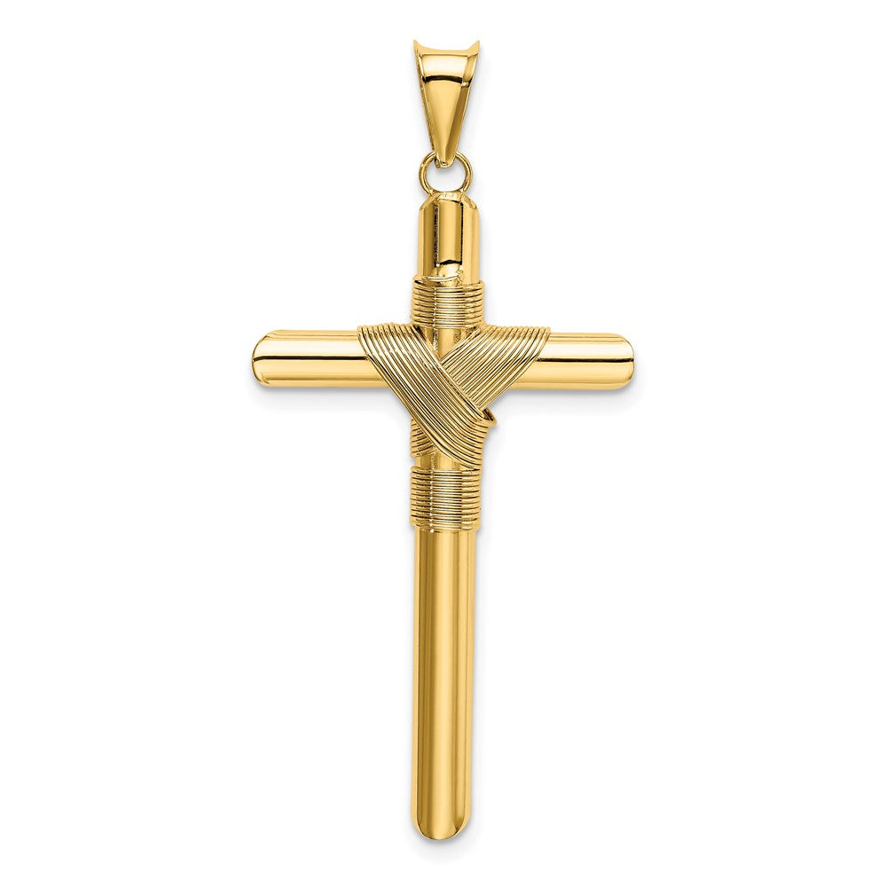 14K Polished w/Center Wrap Tube Cross Pendant