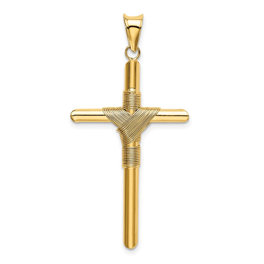 14K Polished w/Center Wrap Tube Cross Pendant