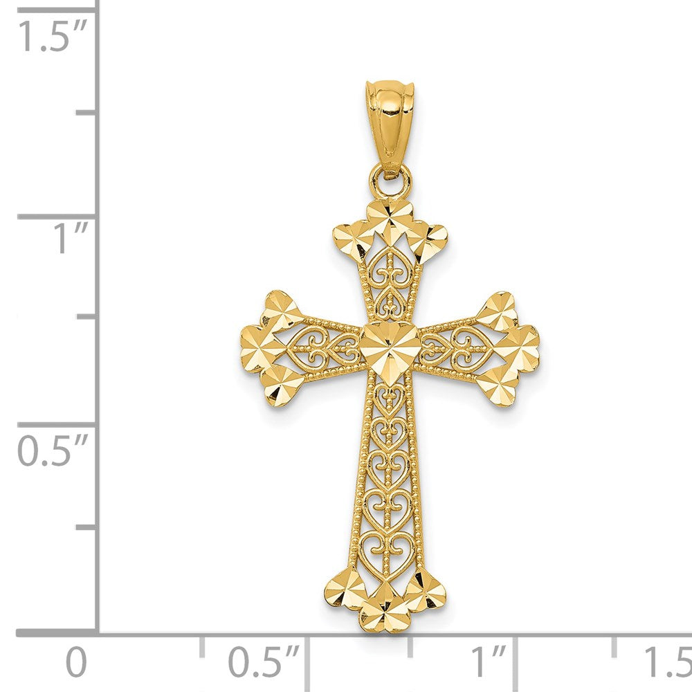 14k Diamond-cut Polished Filigree Hearts Cross Pendant