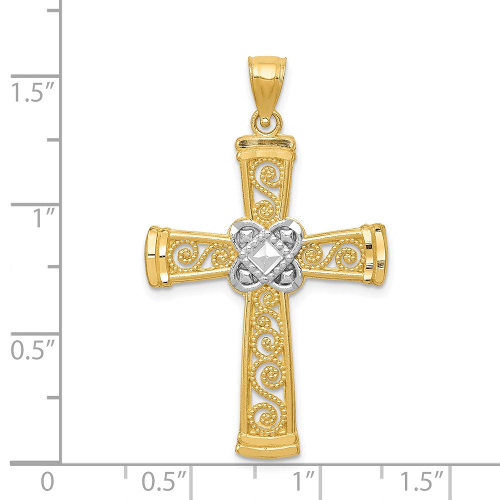 14k w/Rhodium Diamond-cut Filigree Cross Pendant