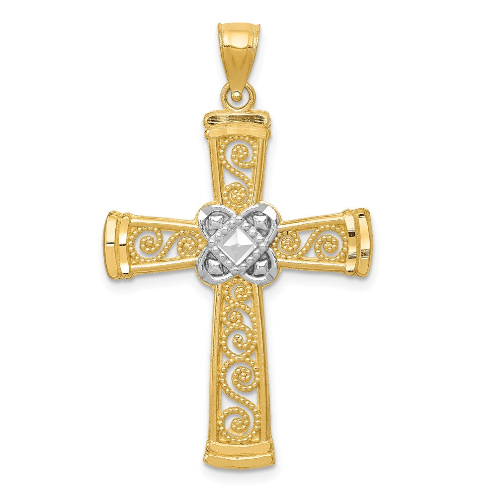 14k w/Rhodium Diamond-cut Filigree Cross Pendant
