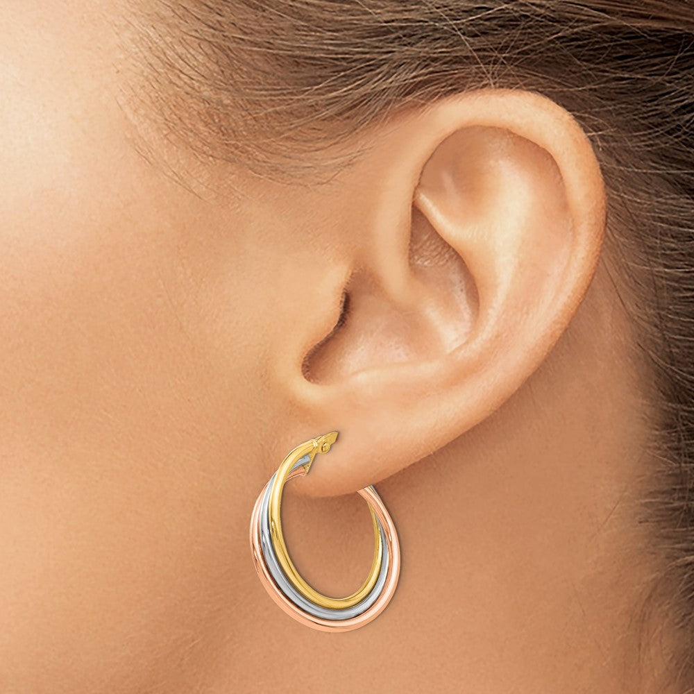 14K Tri-color Polished and Textured Twisted Hoop Earrings