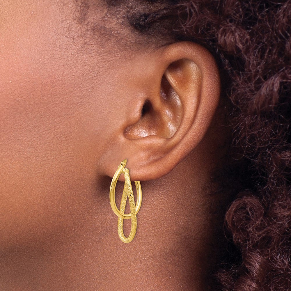 14K White Gold Polished and Textured Hinged Hoop Earrings