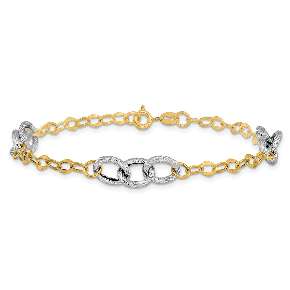 14K Two-tone Polished and Textured Fancy Link Bracelet