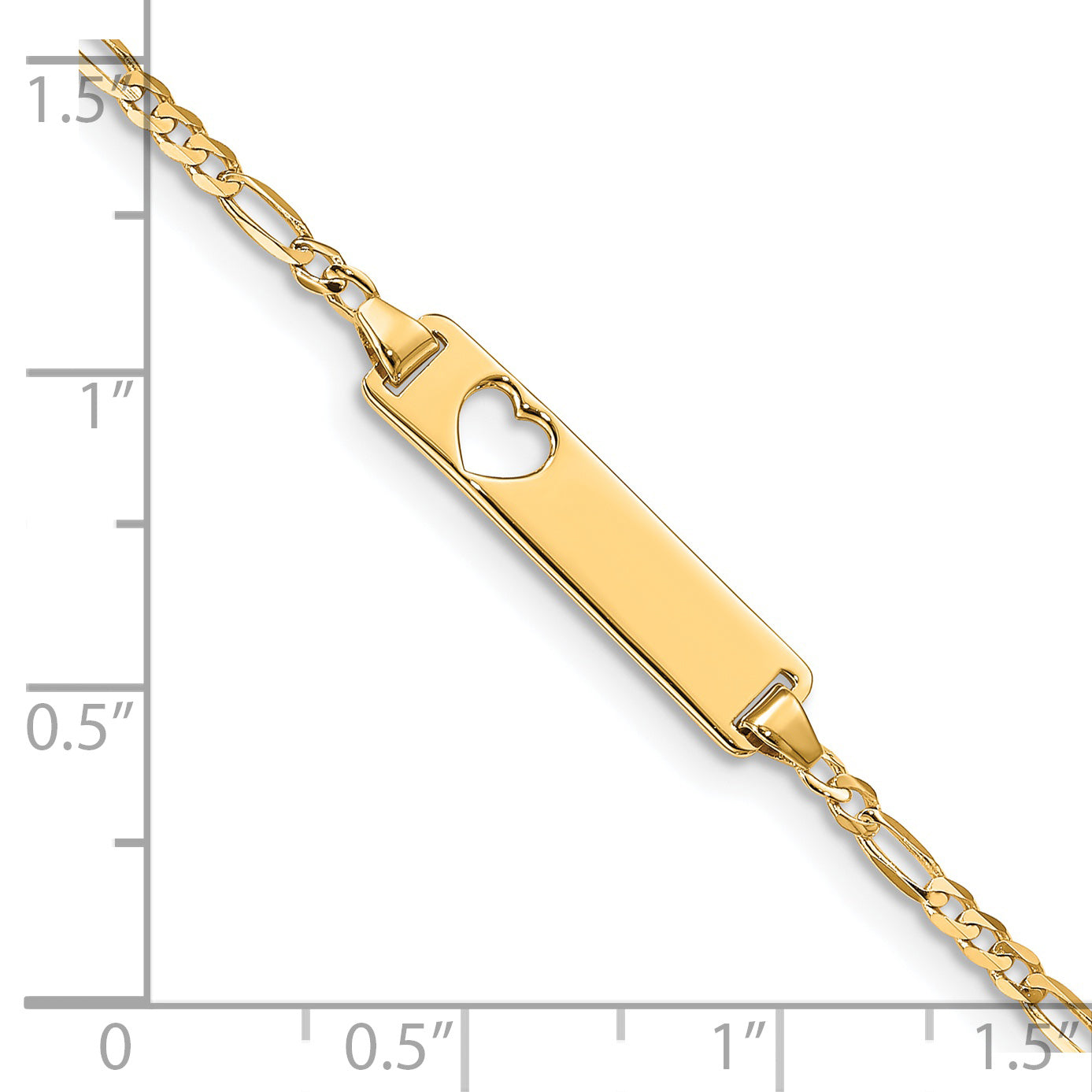 14k Polished Solid Chain/Solid Plate Figaro Link Cut-out Heart 20x5mm Plate 7 inch ID Bracelet