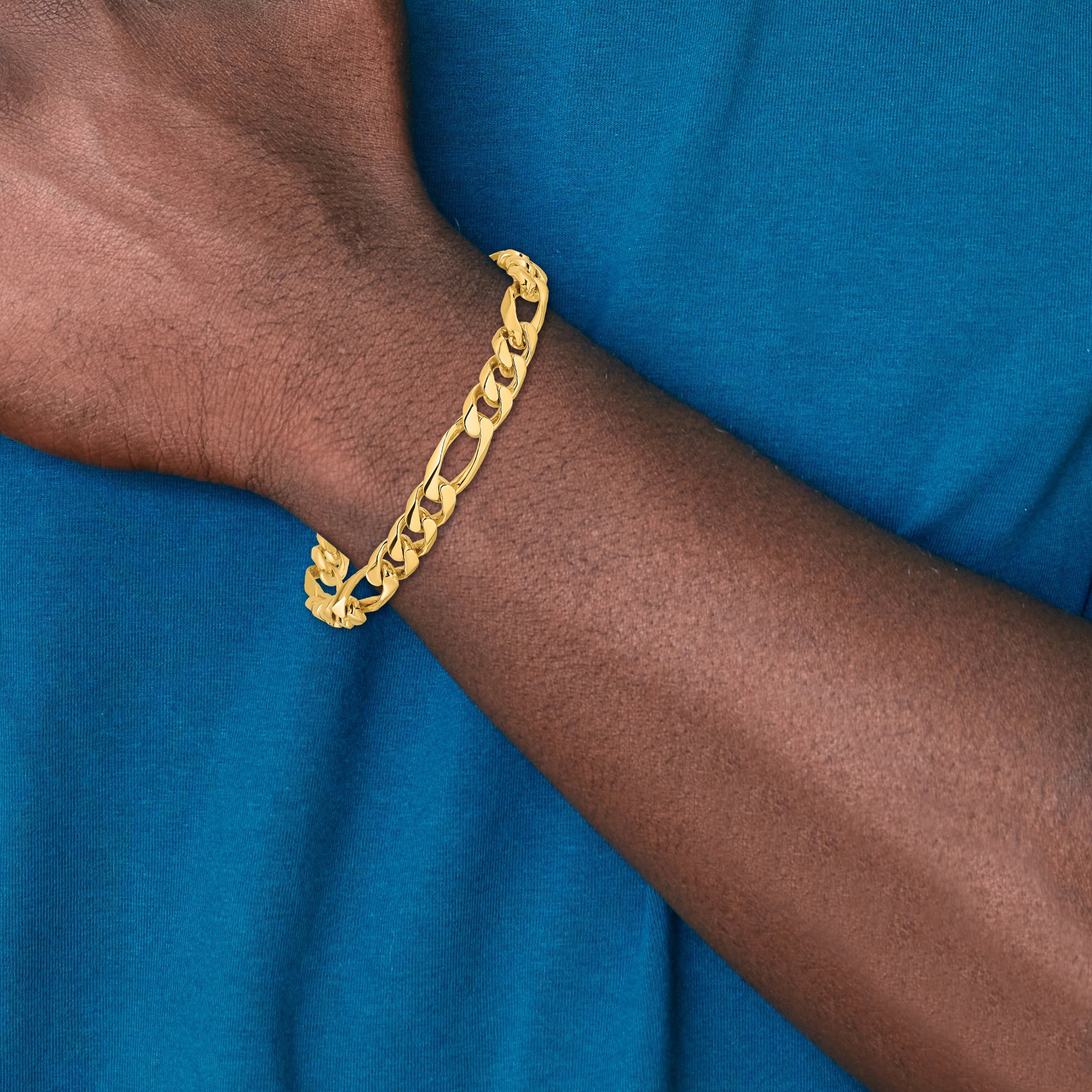 14K 9 inch 8mm Hand Polished Figaro Link with Fancy Lobster Clasp Bracelet