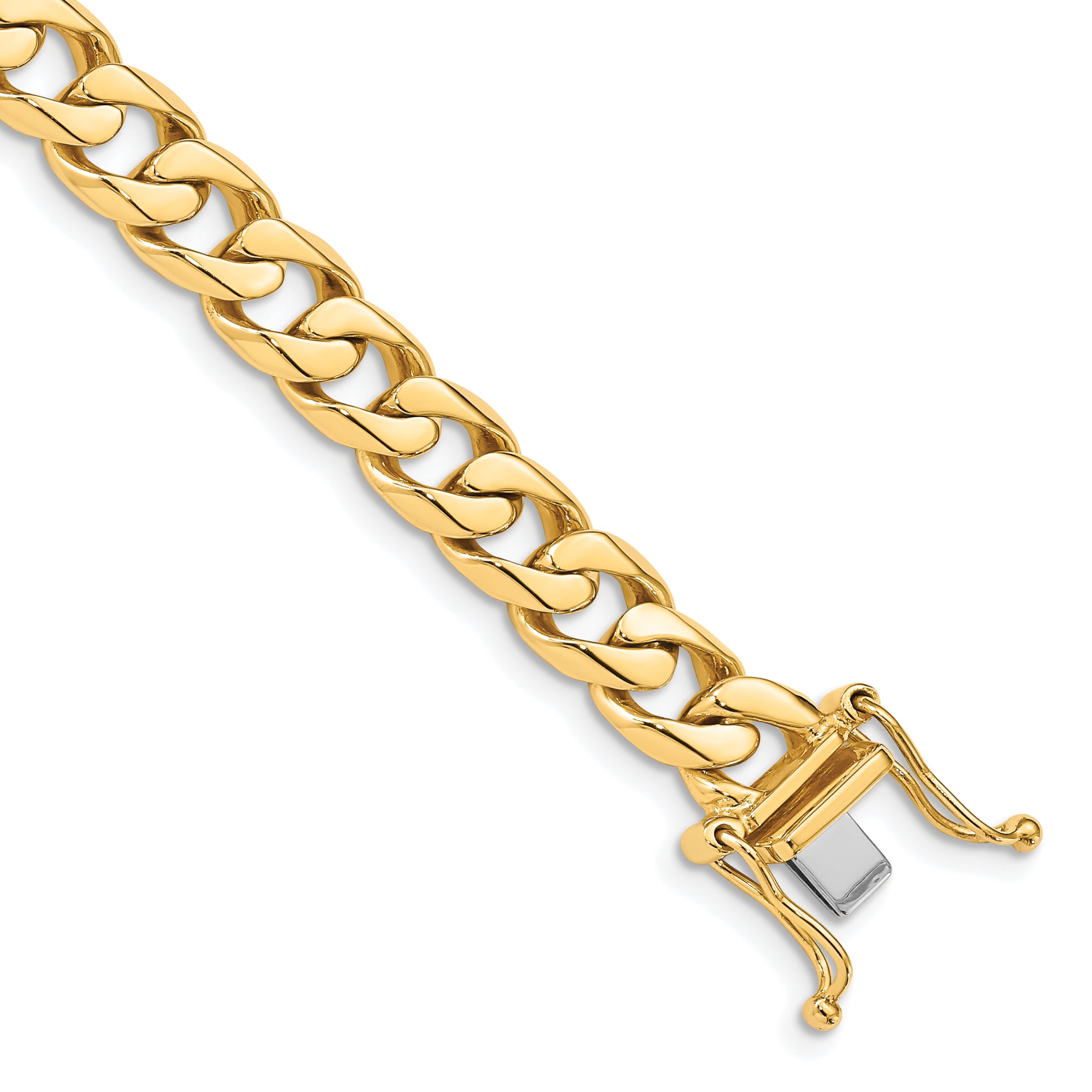 14K 9 inch 7.5mm Hand Polished Flat Beveled Curb Link with Box Catch Clasp Bracelet