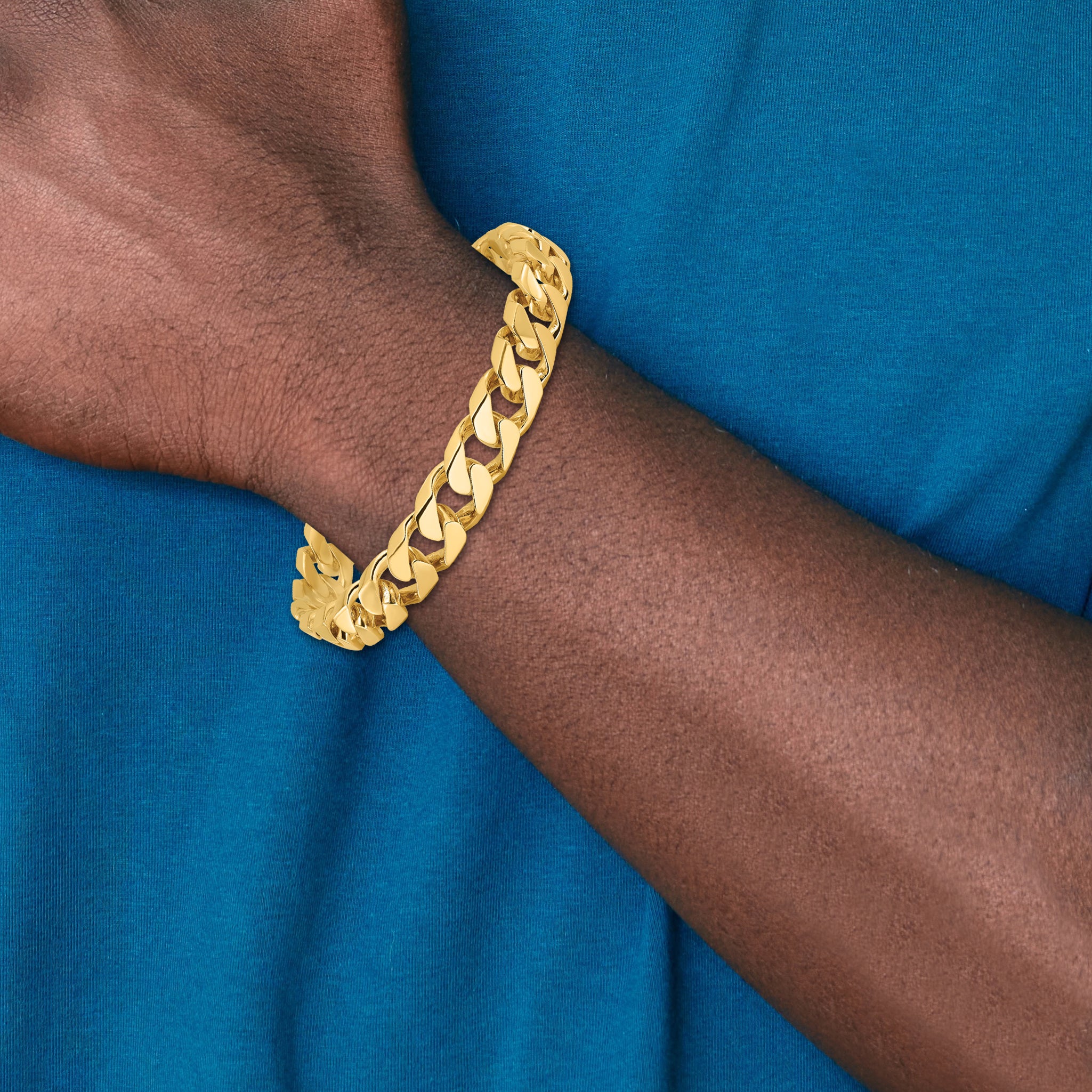 14K 8 inch 10.6mm Hand Polished Flat Beveled Curb Link with Box Catch Clasp Bracelet