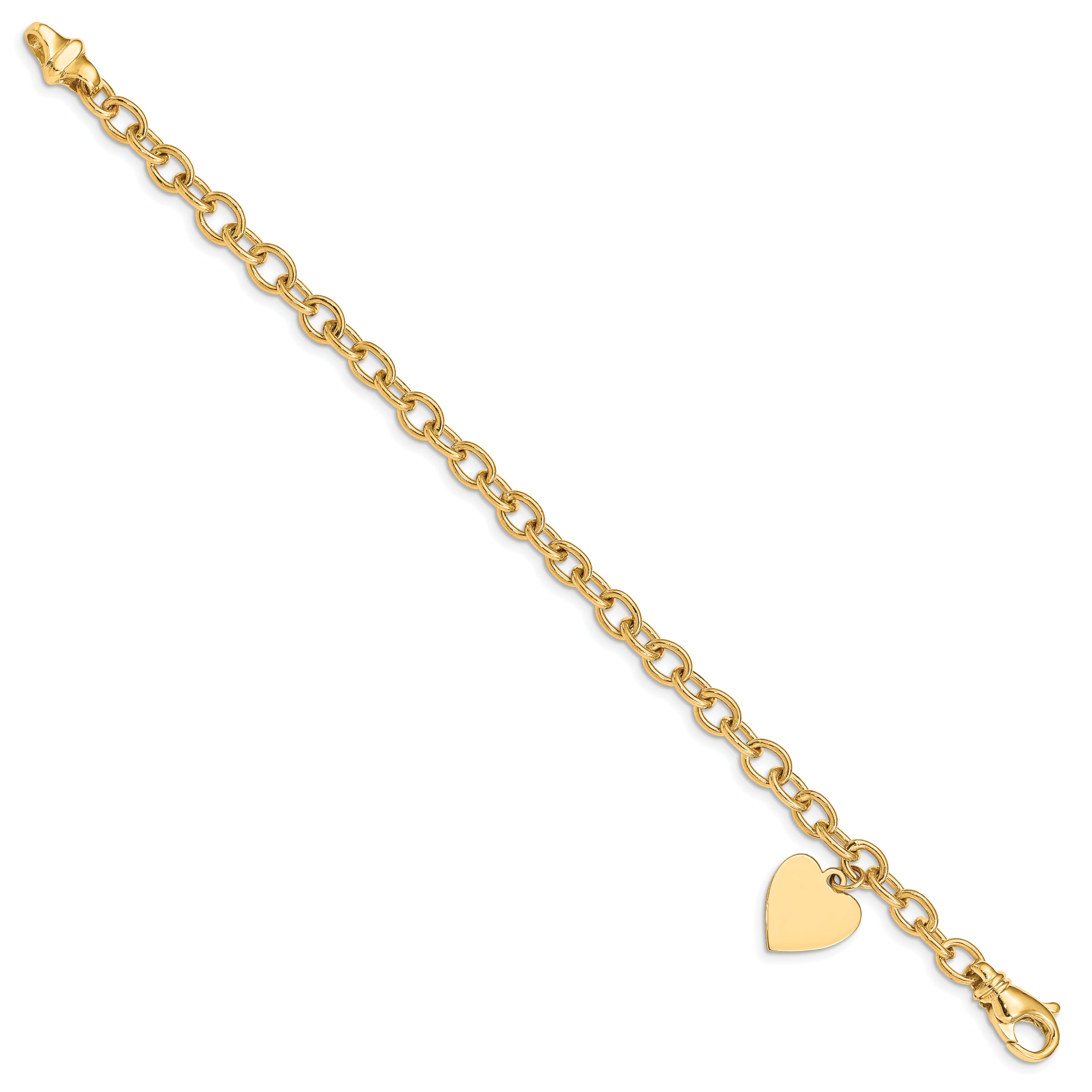 14k Engravable 19x13mm Solid Dangle Heart Charm and Solid Polished Link 7.5 inch Bracelet