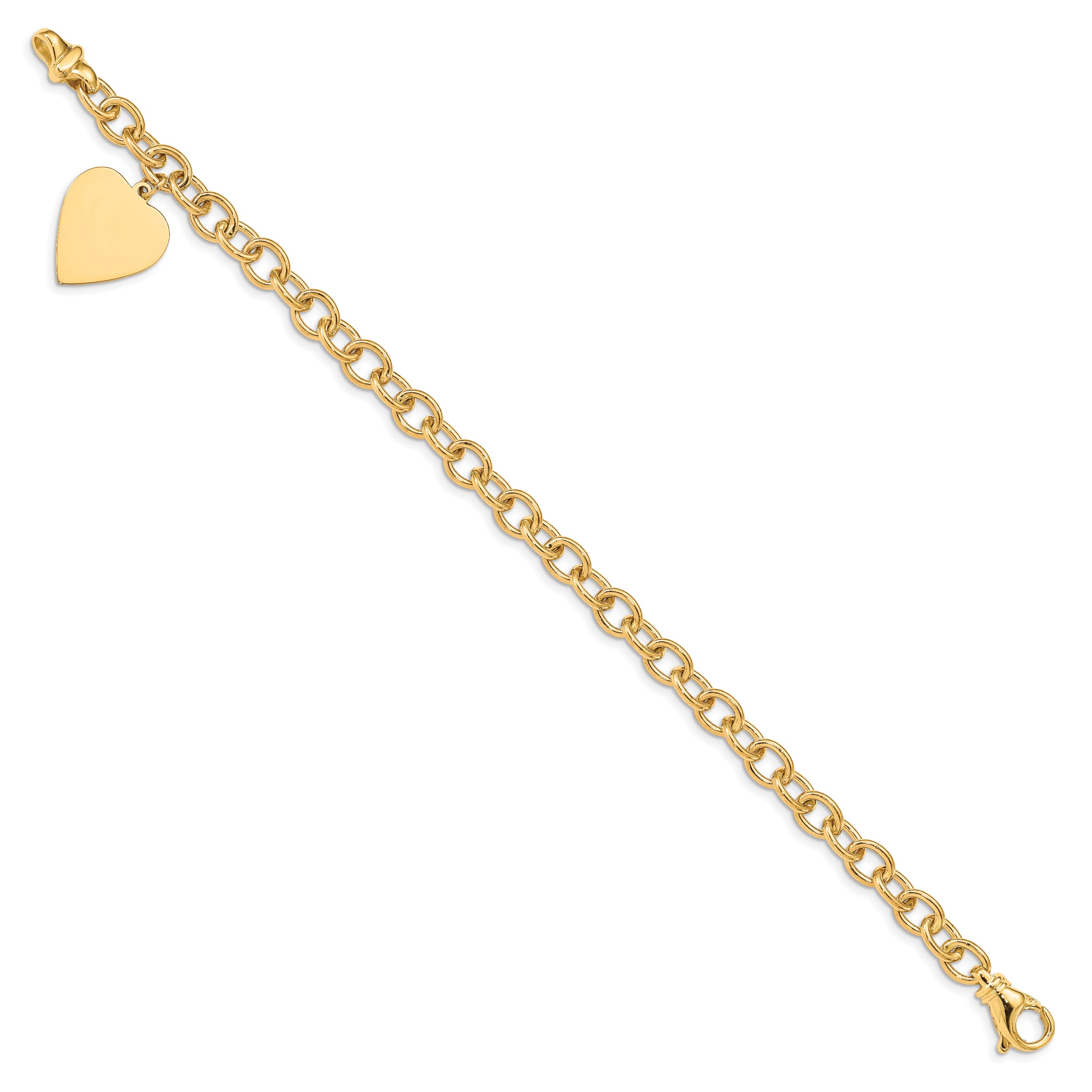 14k Engravable 23x17mm Solid Dangle Heart Charm and Solid Polished Link 7.5 inch Bracelet