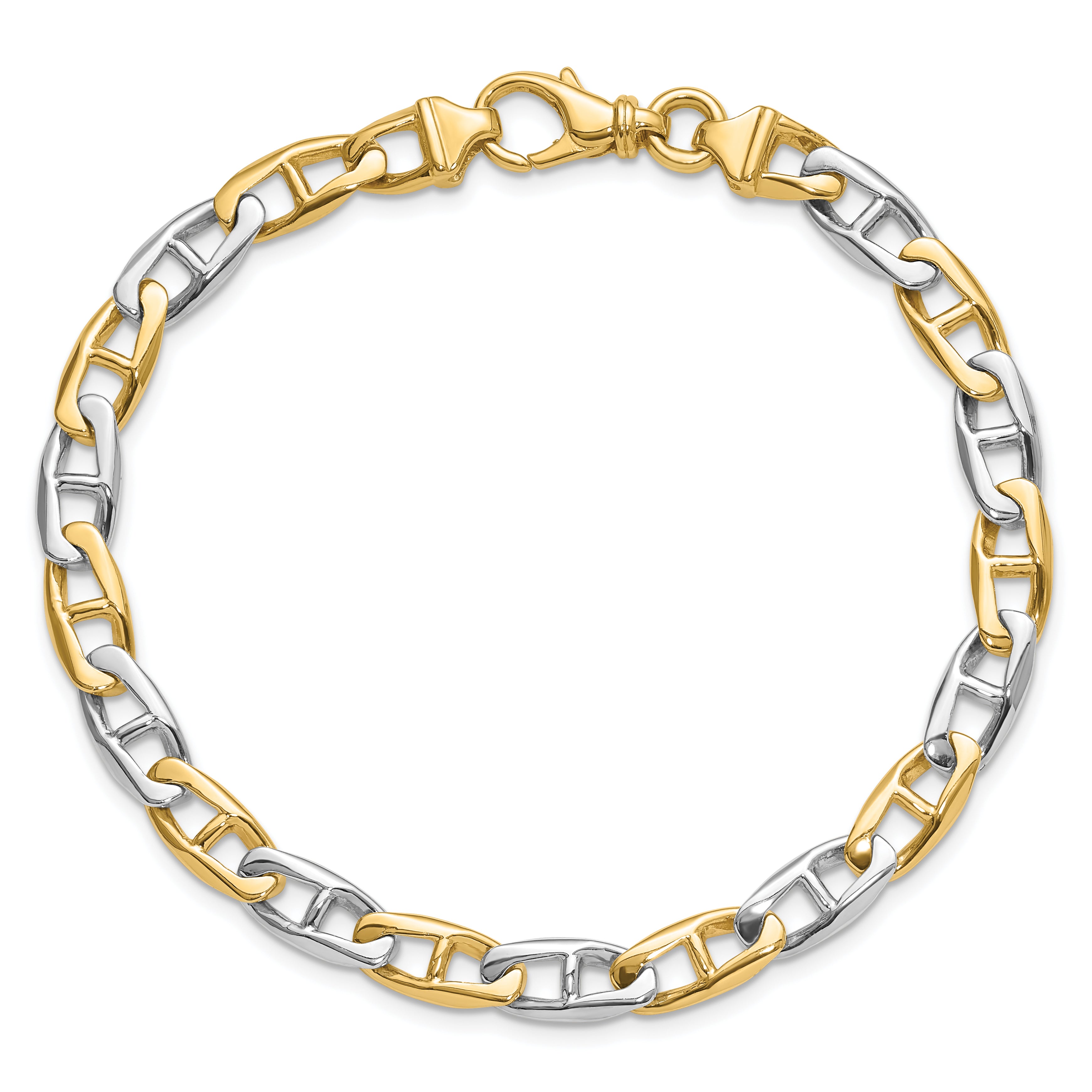 14K Two-tone 9 inch 6.6mm Hand Polished Fancy Flat Anchor Link with Fancy Lobster Clasp Bracelet