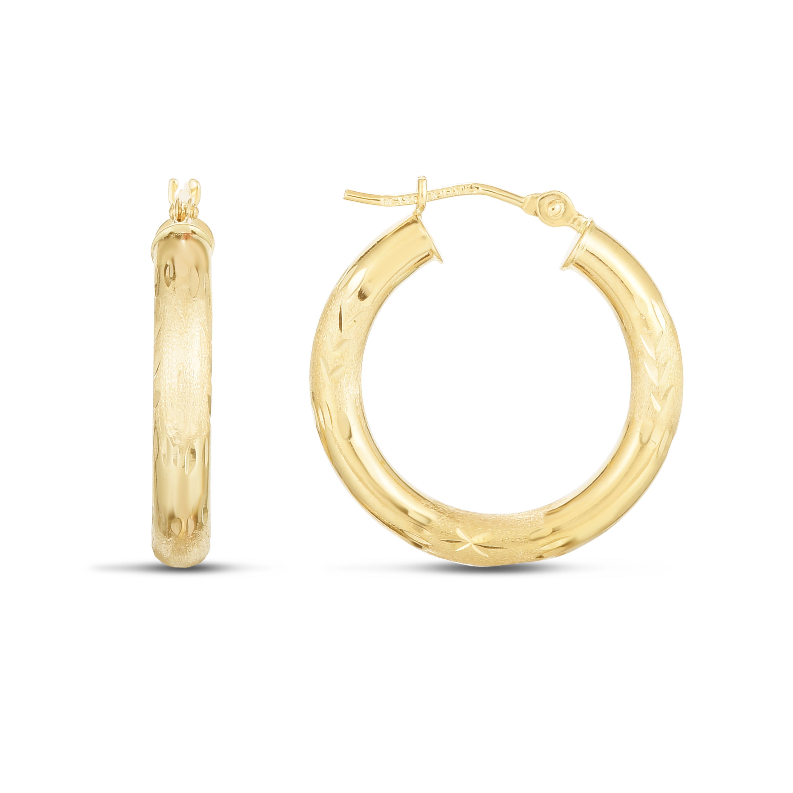 14K Yellow Gold 3x20mm Diamond Cut and Polished Design Hoop Earring